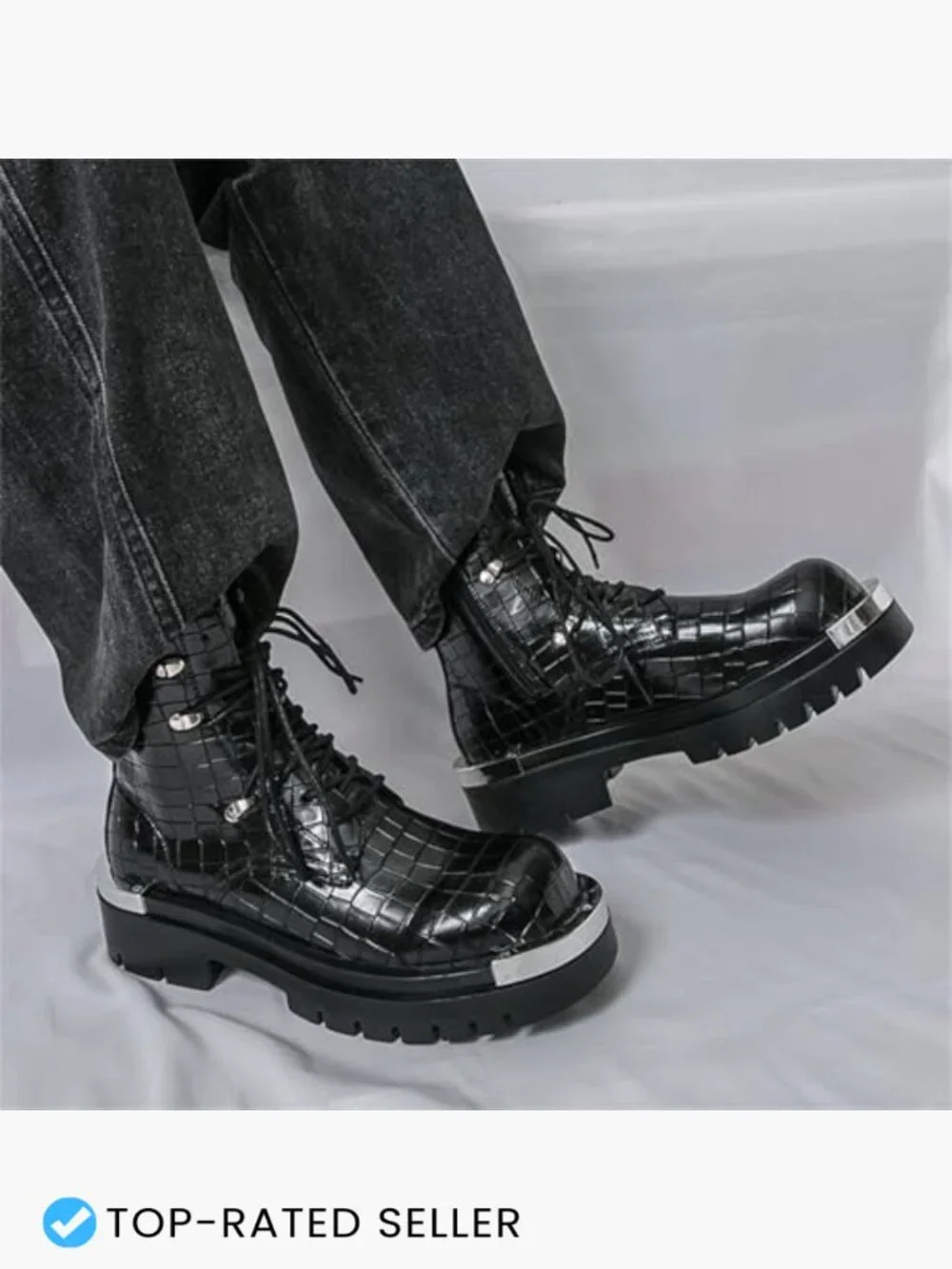 Stone Texture Patent Leather Lace Up Platform Ankle Combat Boots with Metal